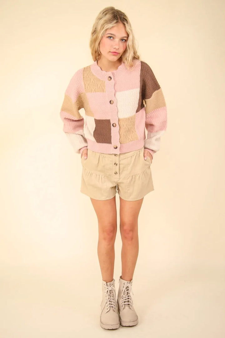 VERY J Color Block Button Down Textured Sweater Cardigan Cardigans