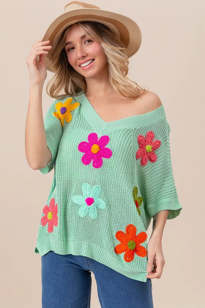 BiBi Flower Patches Dolman Sleeve Lightweight Sweater | Daverri Fashions