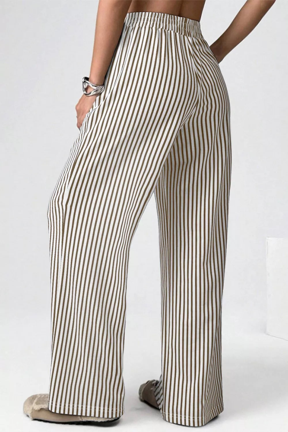 Beige and black striped high-waist elastic pocketed loose pants