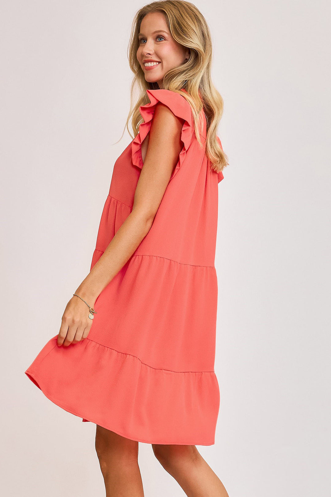 Umgee Johnny Collar Ruffle Cap Sleeve Tiered Dress Knee Length Dresses