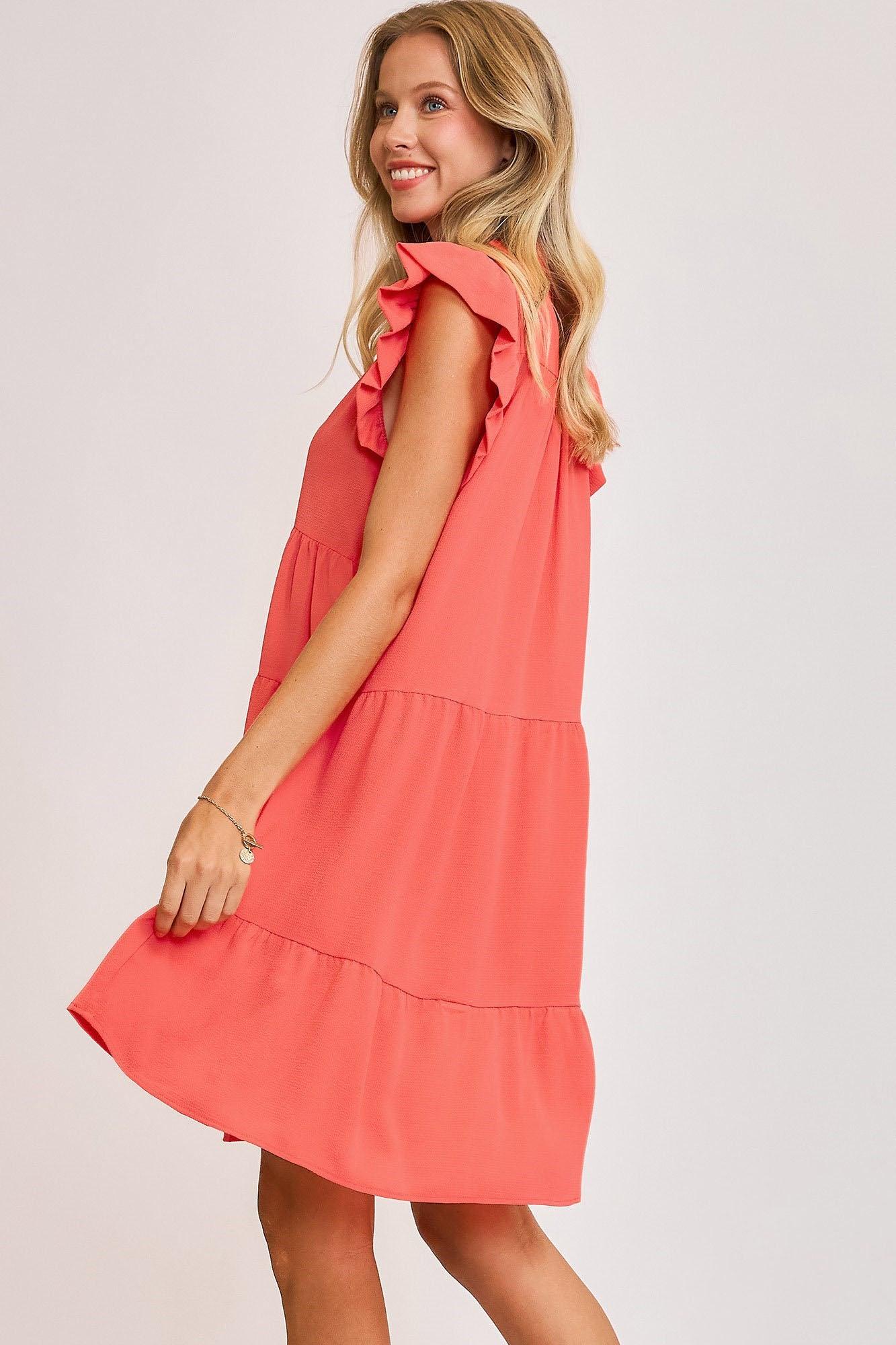 Umgee Johnny Collar Ruffle Cap Sleeve Tiered Dress Knee Length Dresses