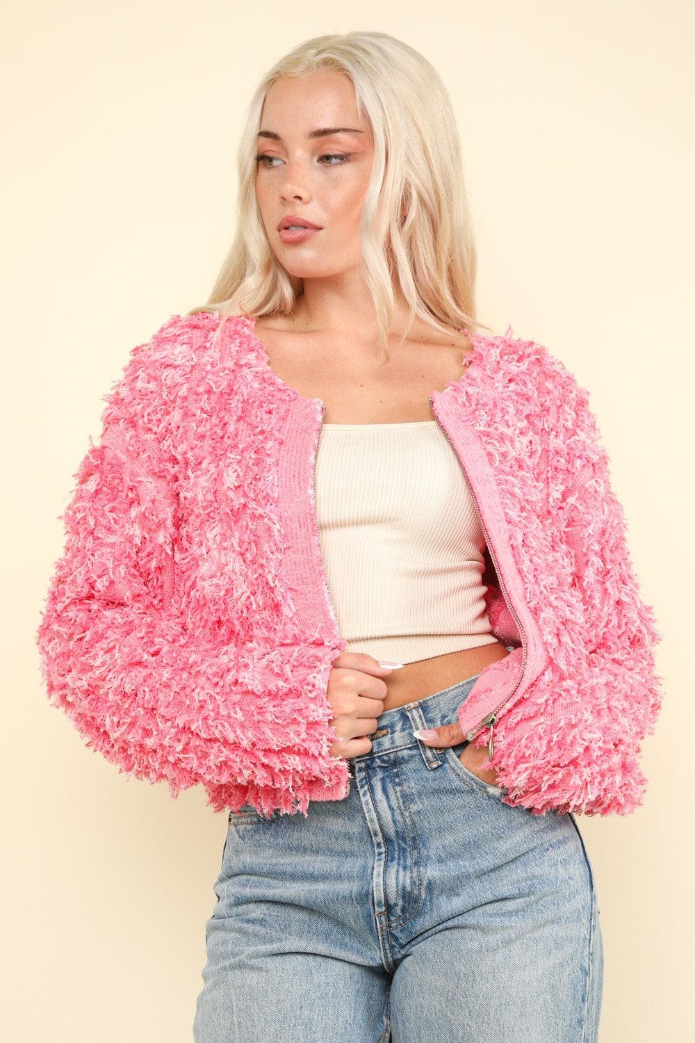 VERY J Shaggy Yarn Knit Zip Up Jacket Tops