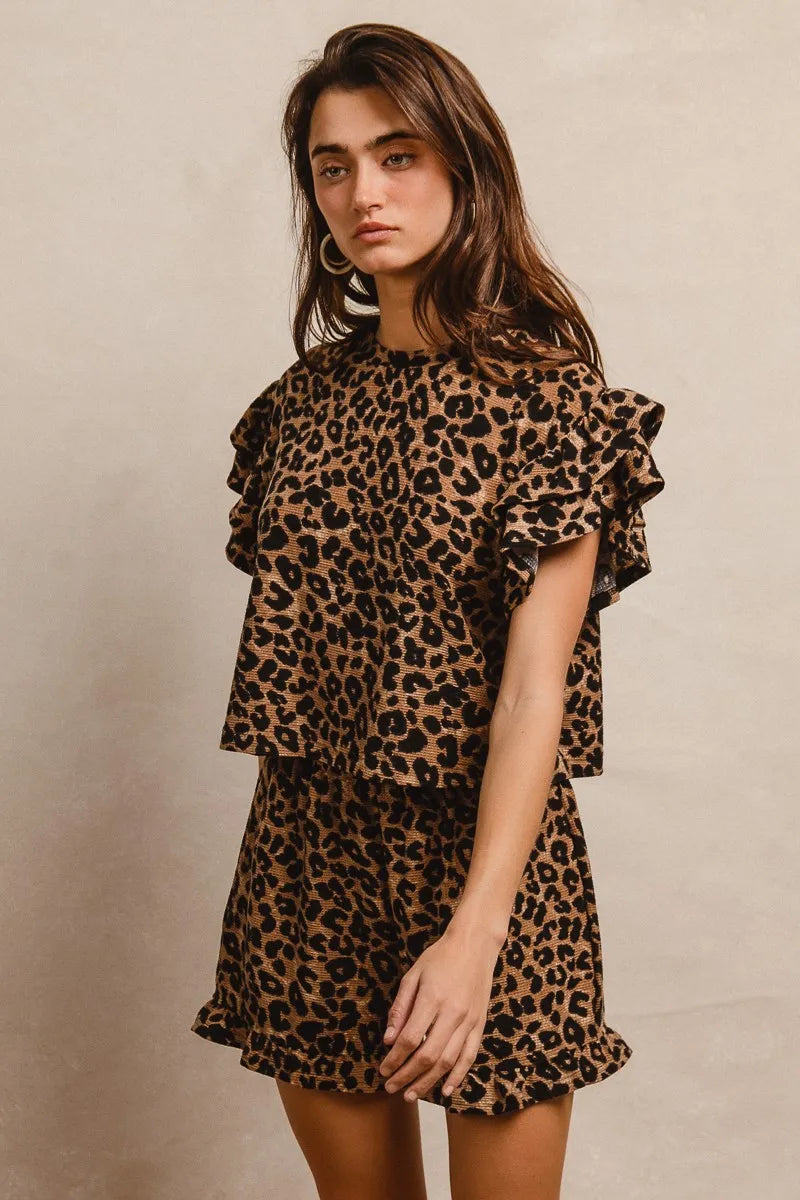 BiBi Leopard Print Waffle Texture Ruffle Sleeve Top and Shorts Set