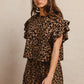 BiBi Leopard Print Waffle Texture Ruffle Sleeve Top and Shorts Set
