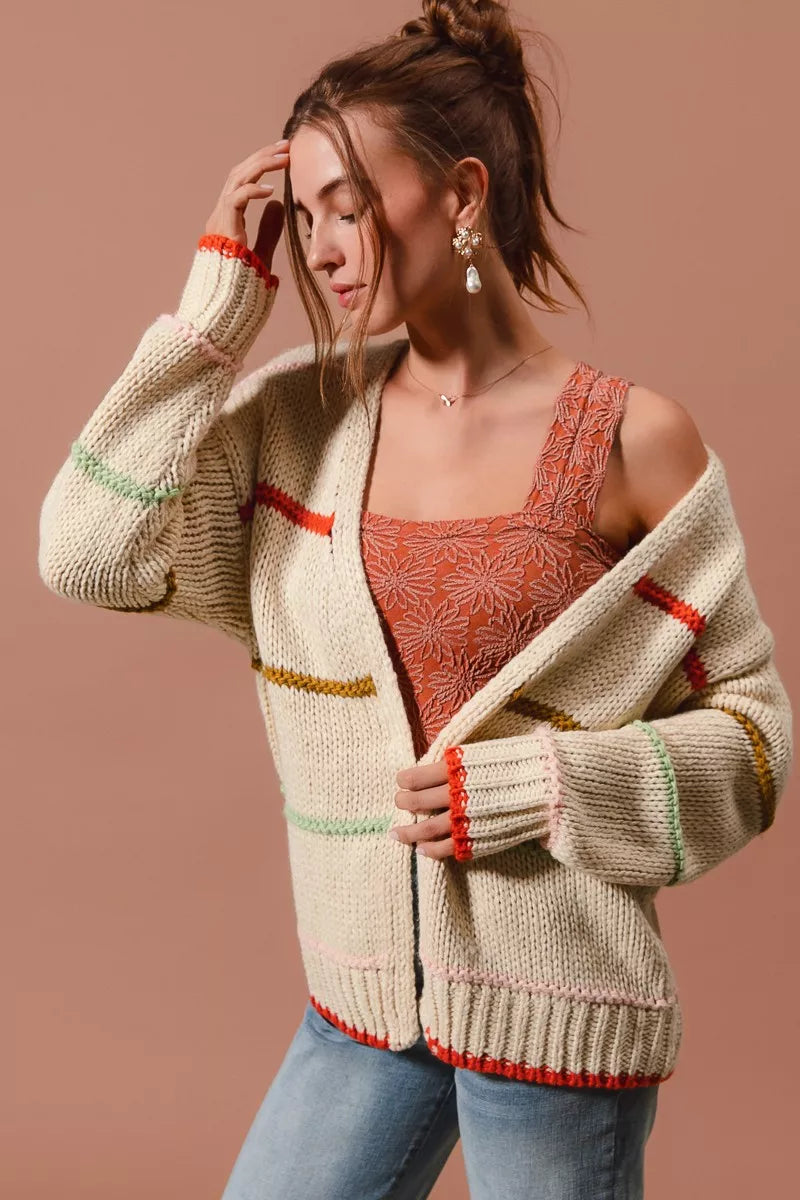 SO ME Loose Fit Multi Stripe Open Front Cardigan | Daverri Fashions
