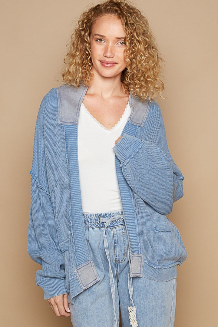 POL Open Front Washed Knit Cardigan with Pockets Dream Blue