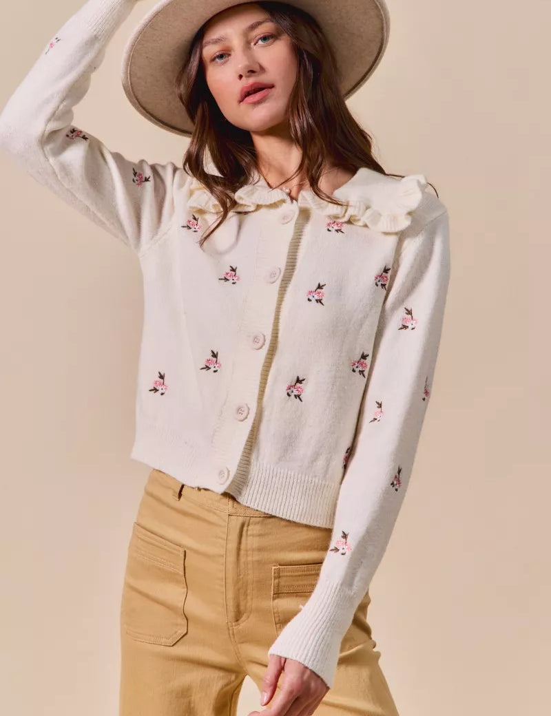 CREAM MULTI SO ME Collared Floral Embroidered Button Down Sweater Cardigan | Cardigans Daverri Fashions
