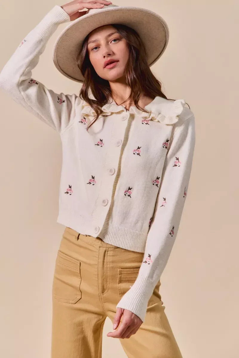 SO ME Collared Floral Embroidered Button Down Sweater Cardigan - DAVERRI FASHIONS