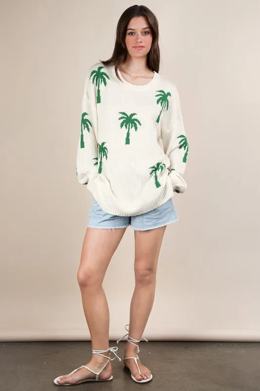 VERY J Palm Tree Graphic Oversized Knit Sweater Sweaters
