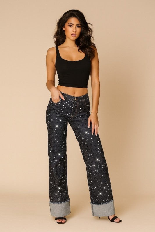 Women’s low rise rhinestone jeans with starry night sky print
