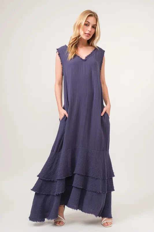 And The Why Washed Cotton Gauze Fringe Detail Tiered Dress Navy