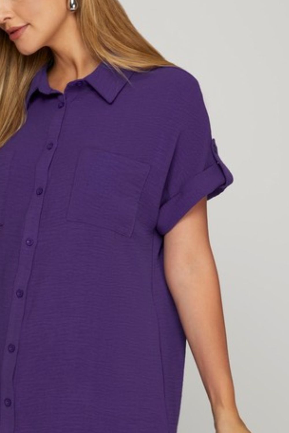 She + Sky Violet Button Down Short Sleeve Woven Shirt Dress Mini Dresses