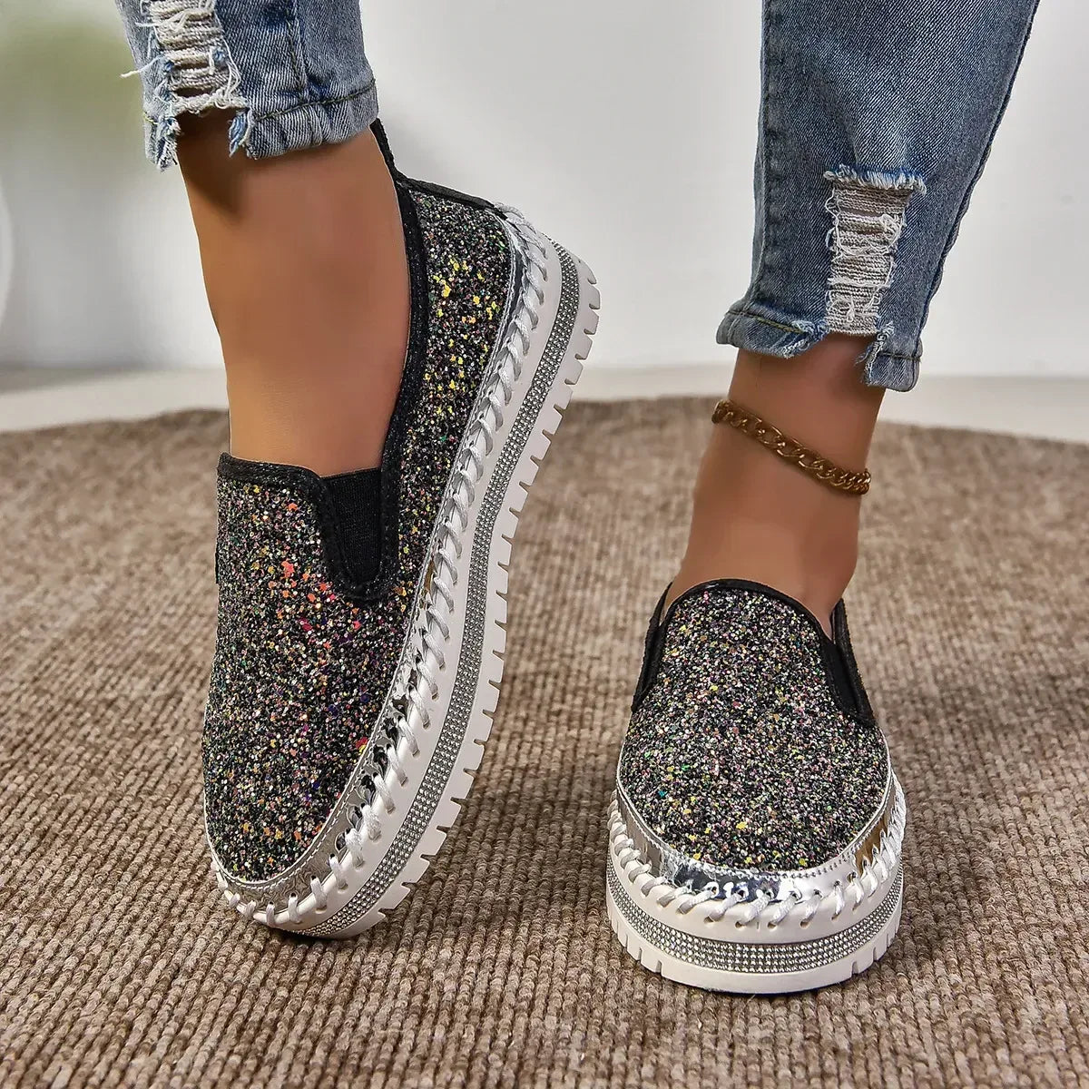 Rhinestone Round Toe Platform Loafers - DAVERRI FASHIONS