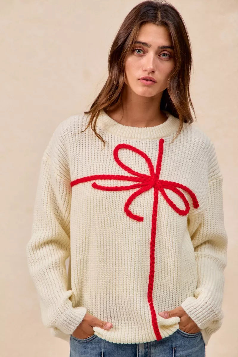 BiBi Christmas Ribbon Bow Embroidery Sweater | Sweaters Daverri Fashions