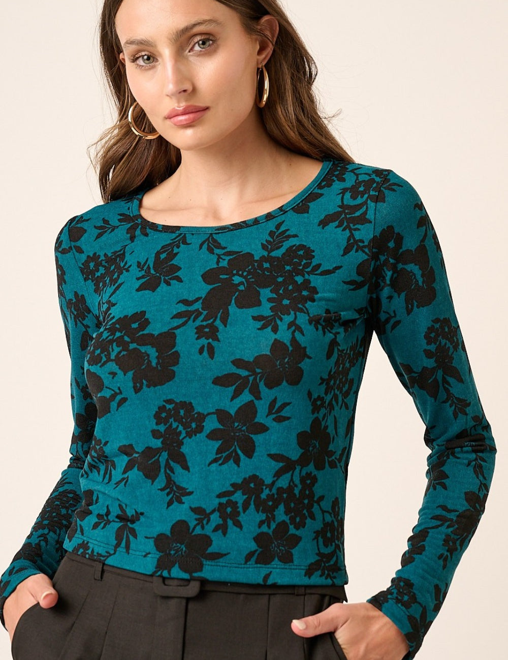 Mittoshop Flower Print Long Sleeve Knit Top Teal