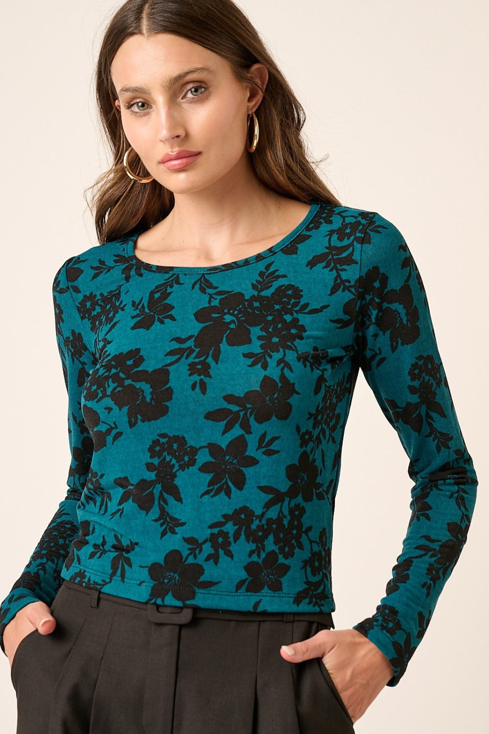 Mittoshop Flower Print Long Sleeve Knit Top Teal