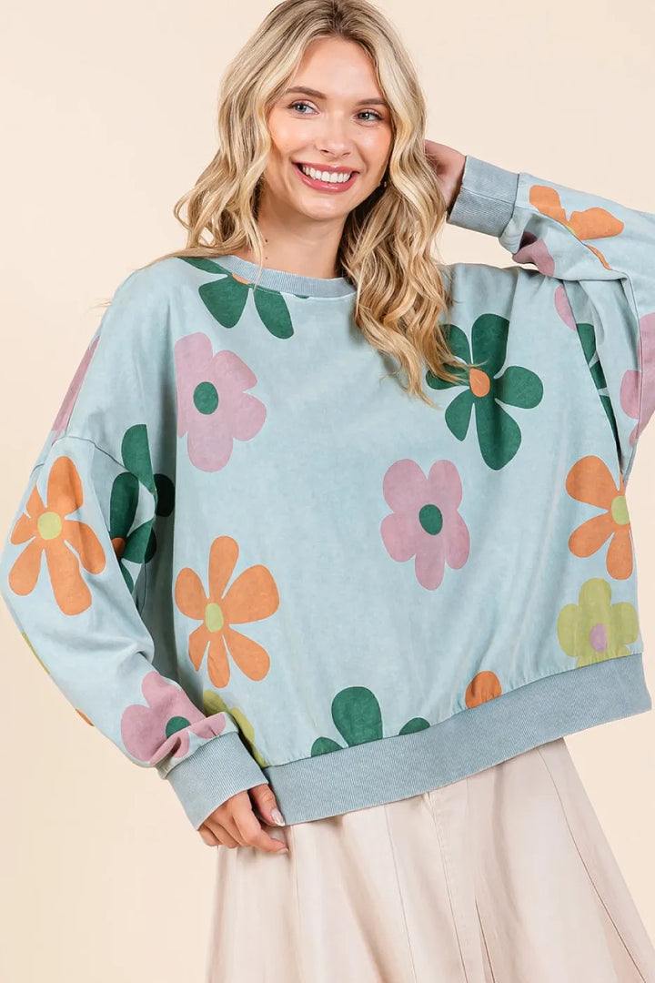 Mittoshop Mineral Wash Flower Print French Terry Sweatshirt Sweatshirts