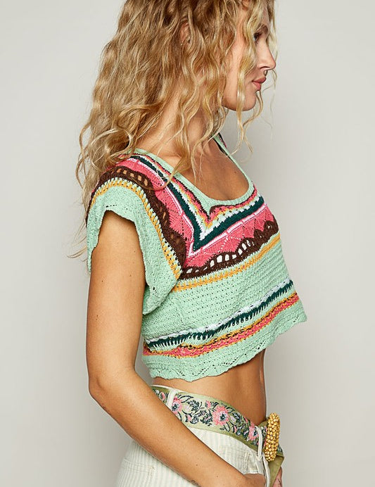 POL Openwork Ethnic Pattern Square Neck Cropped Knit Top