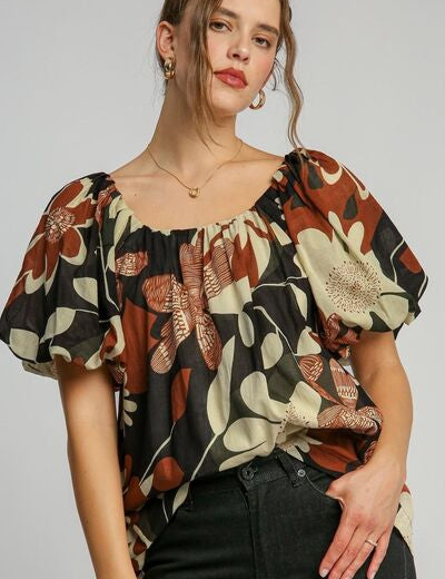 Umgee Full Size Print Round Neck Puff Sleeve Top Plus Size RUST MIX Tops