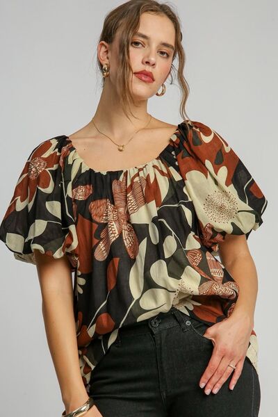 Umgee Full Size Print Round Neck Puff Sleeve Top Plus Size RUST MIX Tops