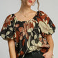 Umgee Full Size Print Round Neck Puff Sleeve Top Plus Size RUST MIX Tops