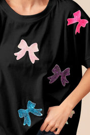 BiBi Sequin Bow Patch Short Sleeve T-Shirt Black | T-Shirts Daverri Fashions