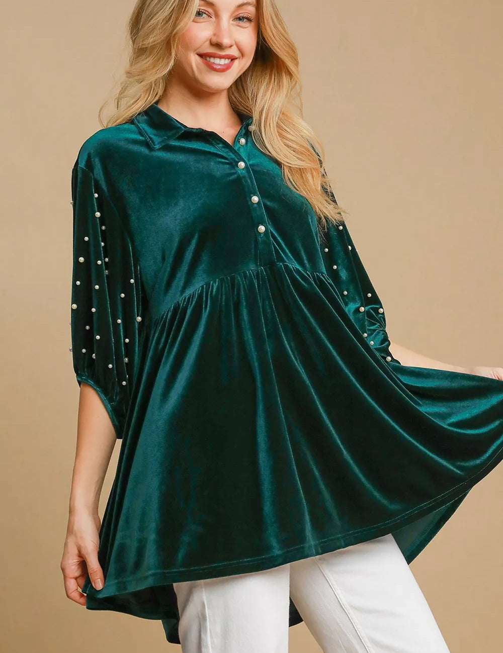 Hunter Green Umgee Pearl Detail Half Sleeve Velvet Babydoll Blouse | Blouses Daverri Fashions