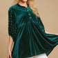 Umgee Pearl Detail Half Sleeve Velvet Babydoll Blouse Hunter Green