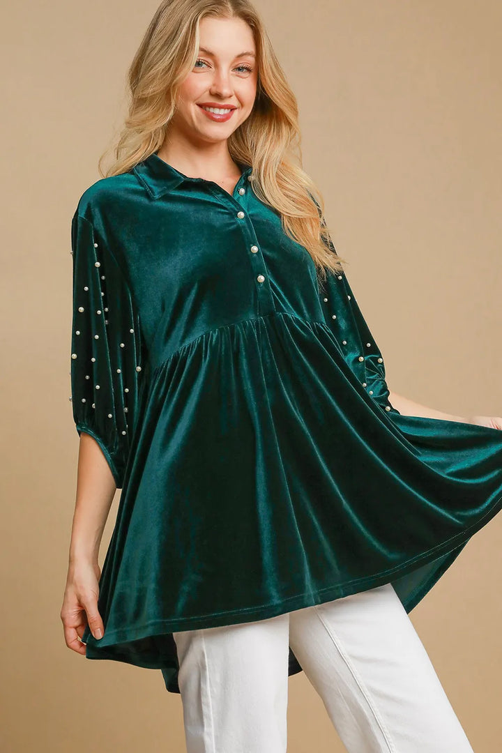 Umgee Pearl Detail Half Sleeve Velvet Babydoll Blouse Hunter Green