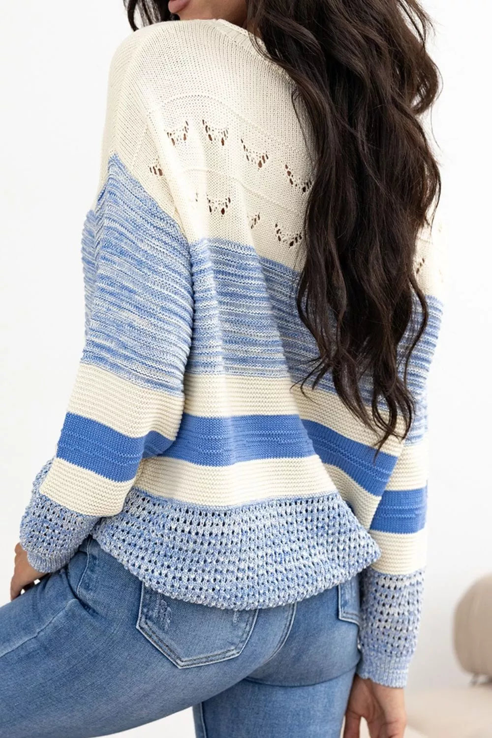 Cozy openwork striped knit long-sleeve sweater in cream and blue