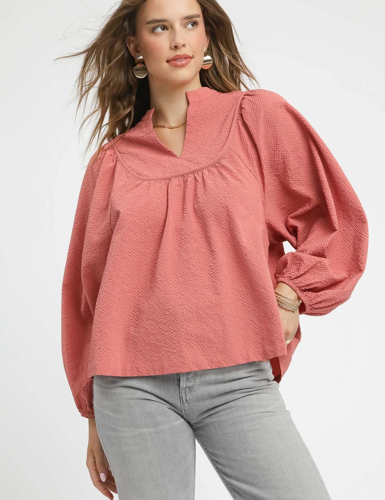 DUSTY ROSE Umgee Textured Notched Blouse with Balloon Sleeves | Blouses Daverri Fashions