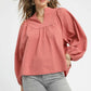 Umgee Textured Notched Blouse with Balloon Sleeves - DAVERRI FASHIONS