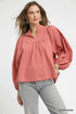 Umgee Textured Notched Blouse with Balloon Sleeves - DAVERRI FASHIONS