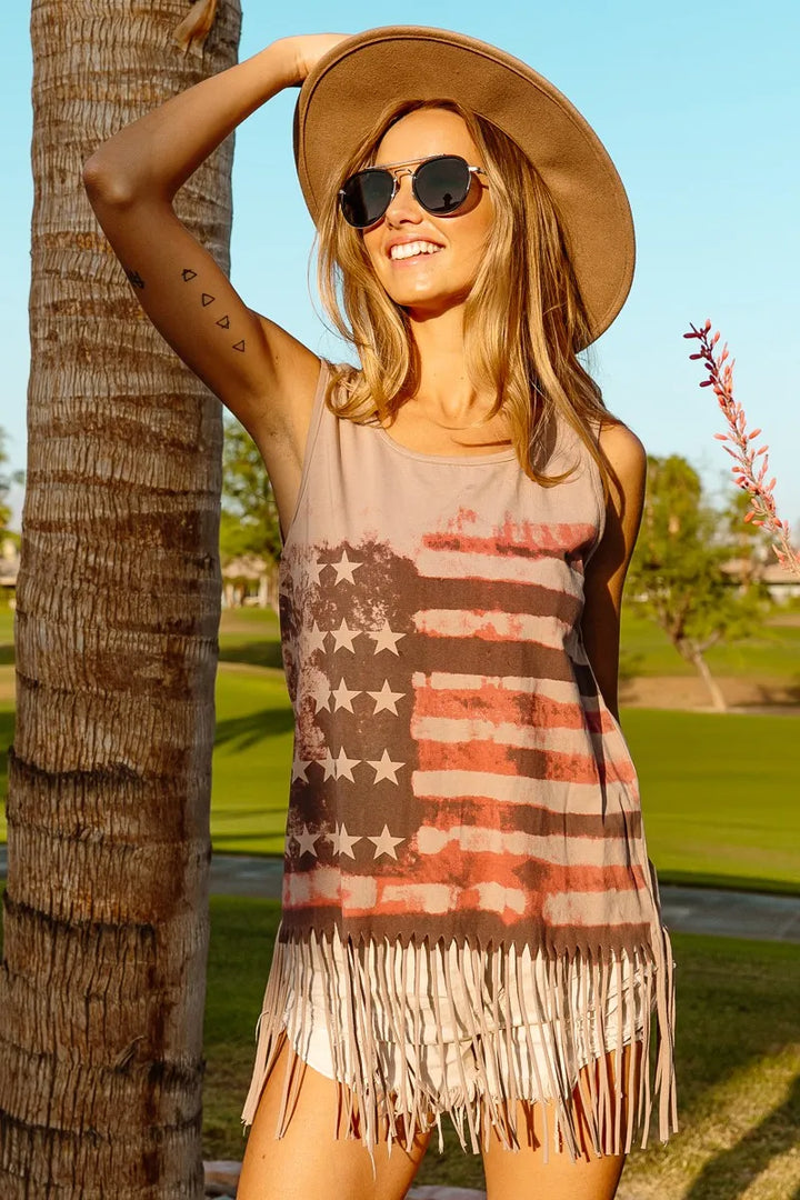 BiBi American Flag Print Knit Sleeveless Top Tank Tops
