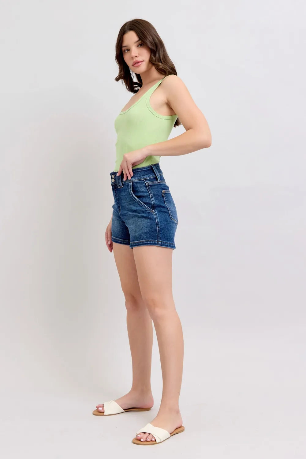 Judy Blue Double Button Waistband Denim Shorts Plus Size | Denim Shorts Daverri Fashions