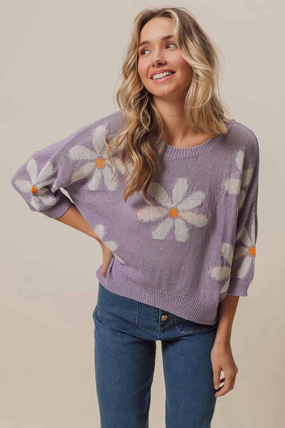 BiBi Floral Pattern Slit Sweater Lavender | Sweaters Daverri Fashions