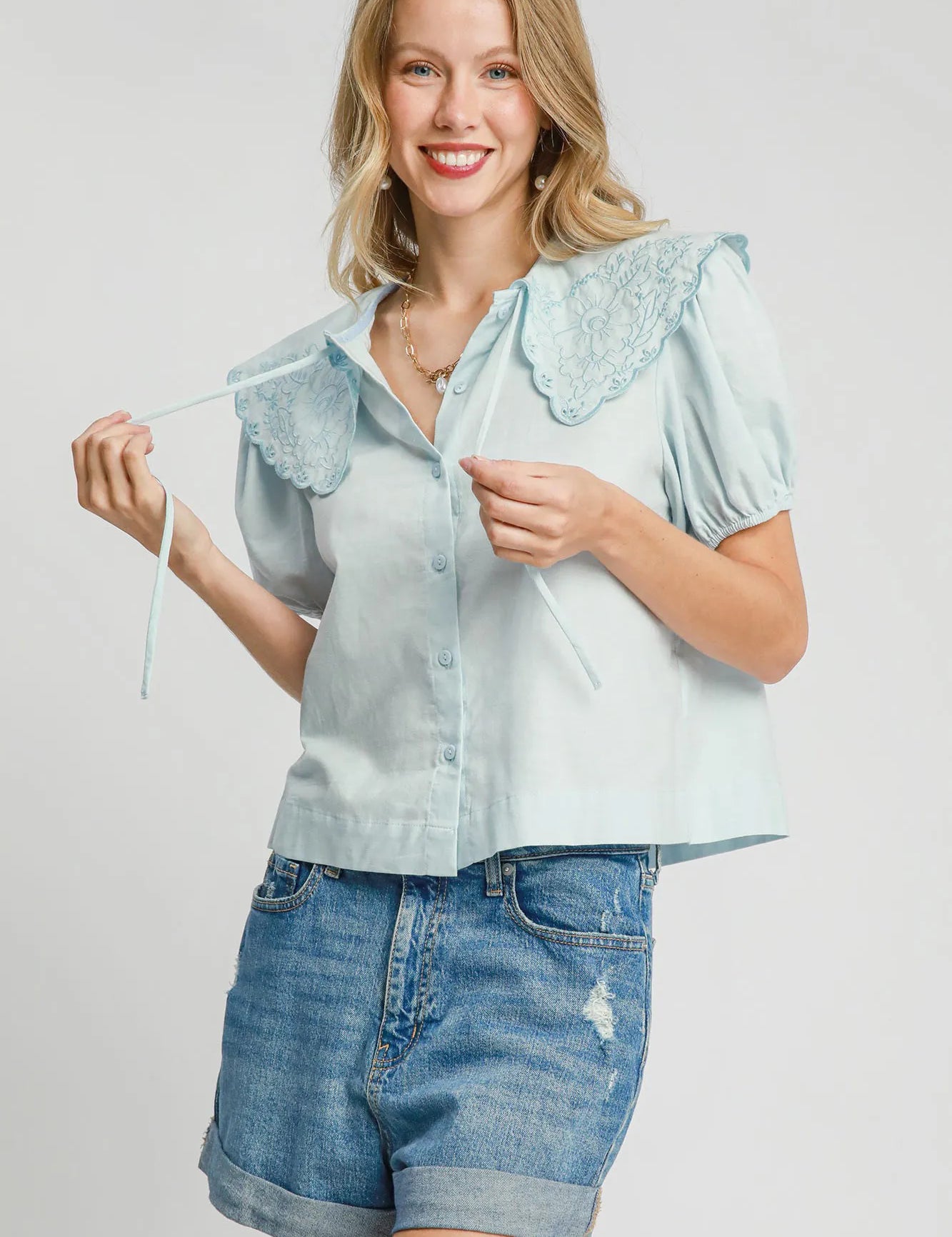 LT. BLUE Umgee Tied Collared Short Sleeve Button Down Shirt | Tops Daverri Fashions