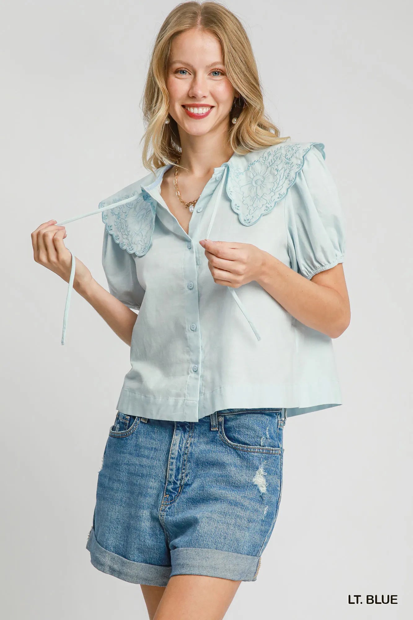 LT. BLUE Umgee Tied Collared Short Sleeve Button Down Shirt | Tops Daverri Fashions