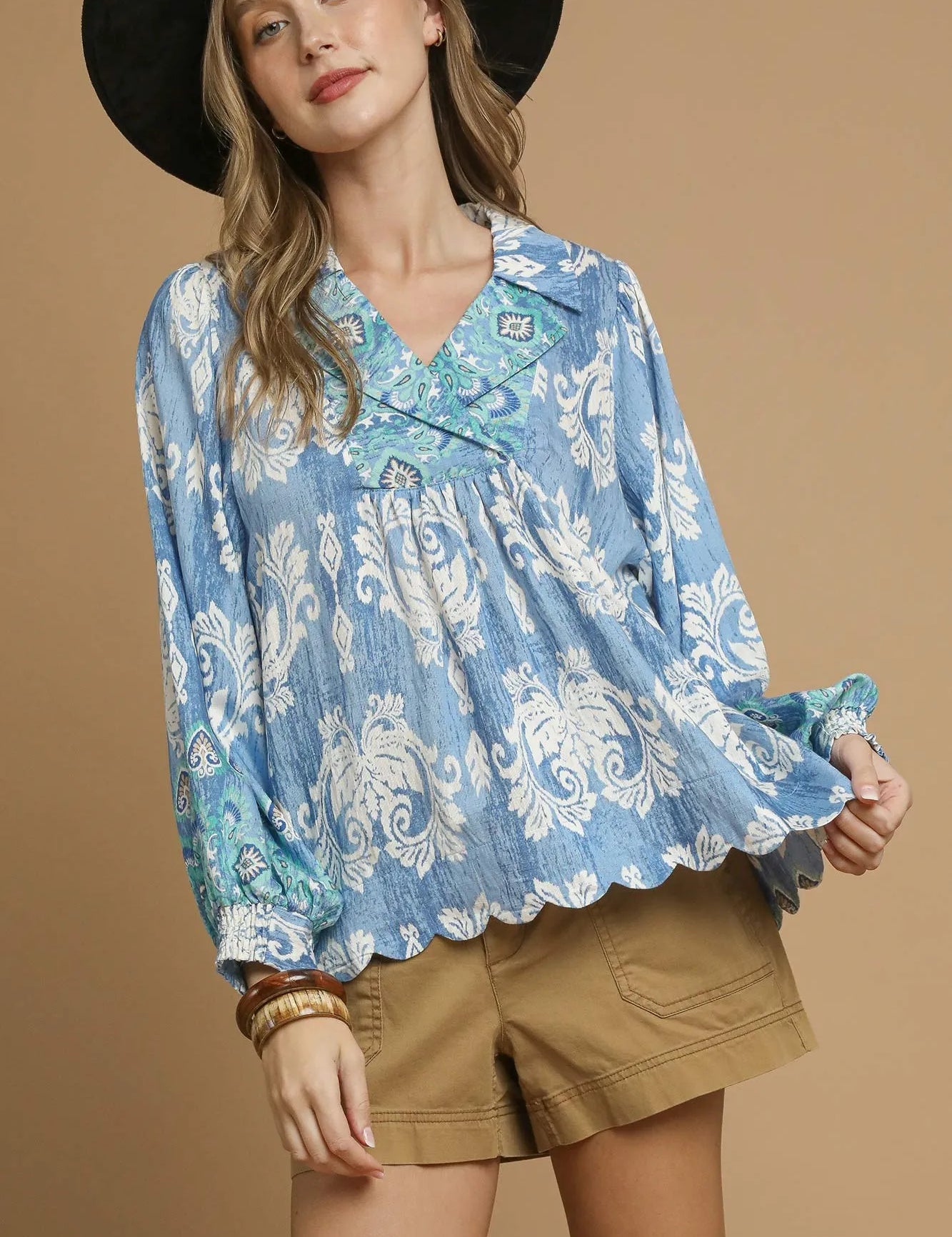 Blue Umgee Printed Long Sleeve Blouse | Blouses Daverri Fashions