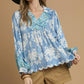 Umgee Printed Long Sleeve Blouse Blue Blouses