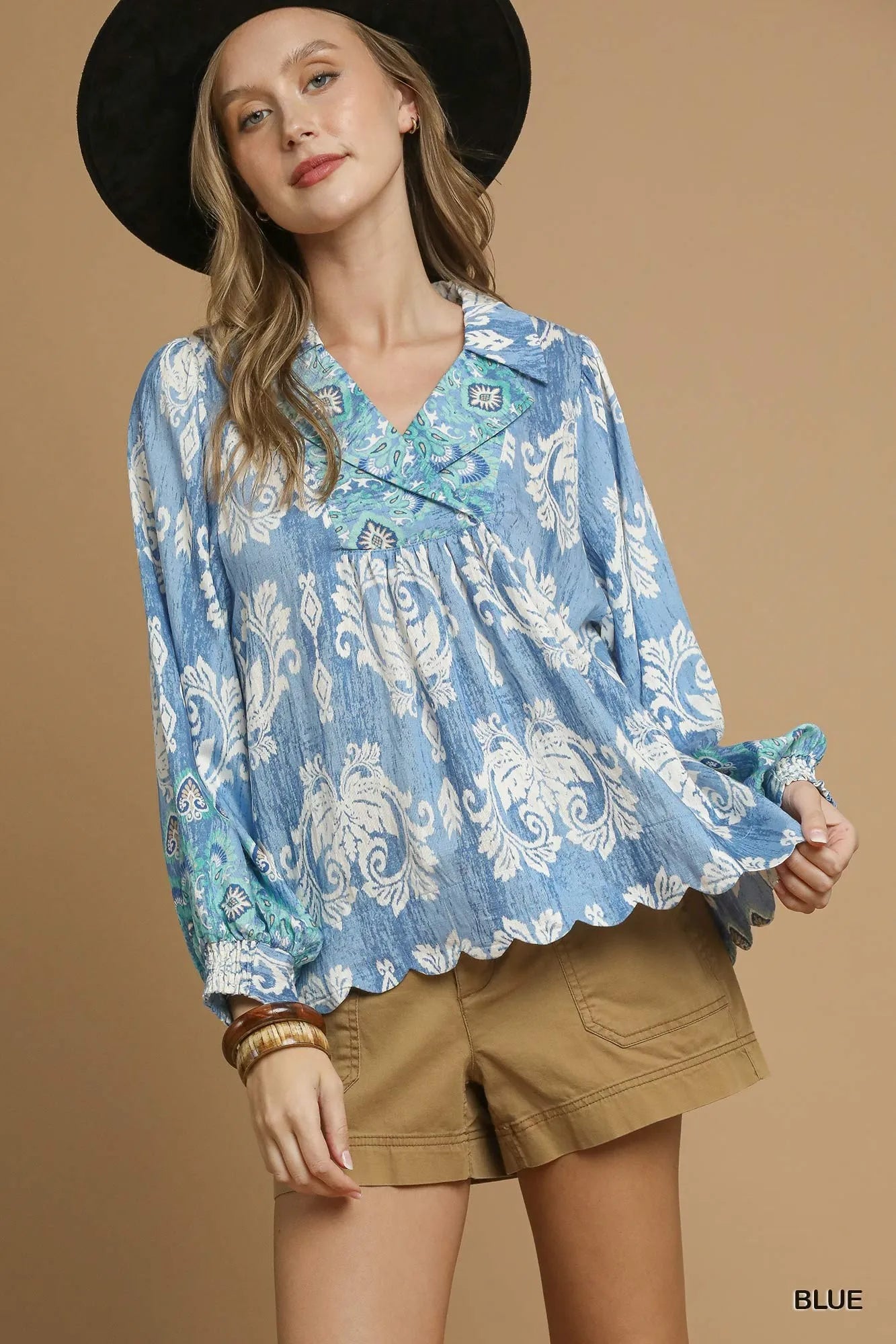 Umgee Printed Long Sleeve Blouse Blue Blouses