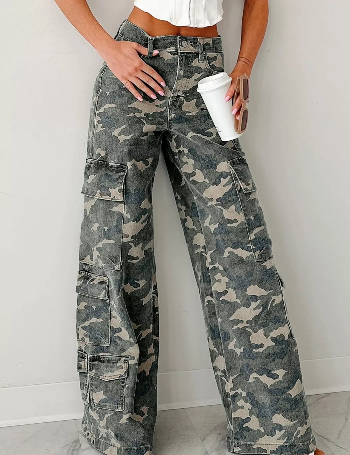 Green Camouflage Camo Print Wide Leg Cargo Jeans | Jeans Daverri Fashions