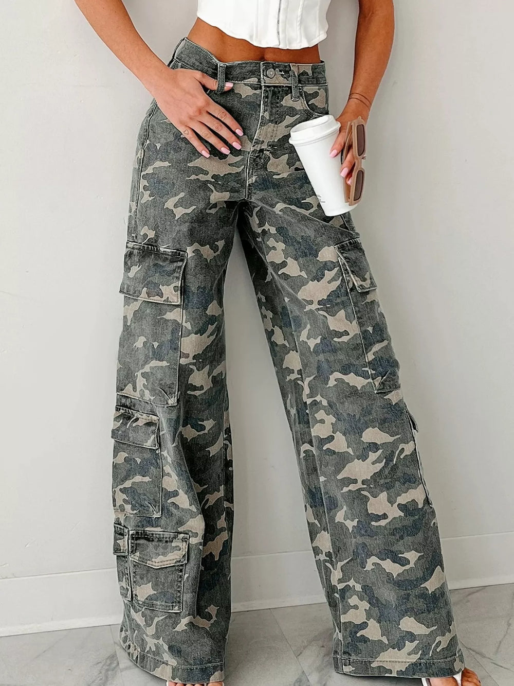 Green Camouflage Camo Print Wide Leg Cargo Jeans | Jeans Daverri Fashions