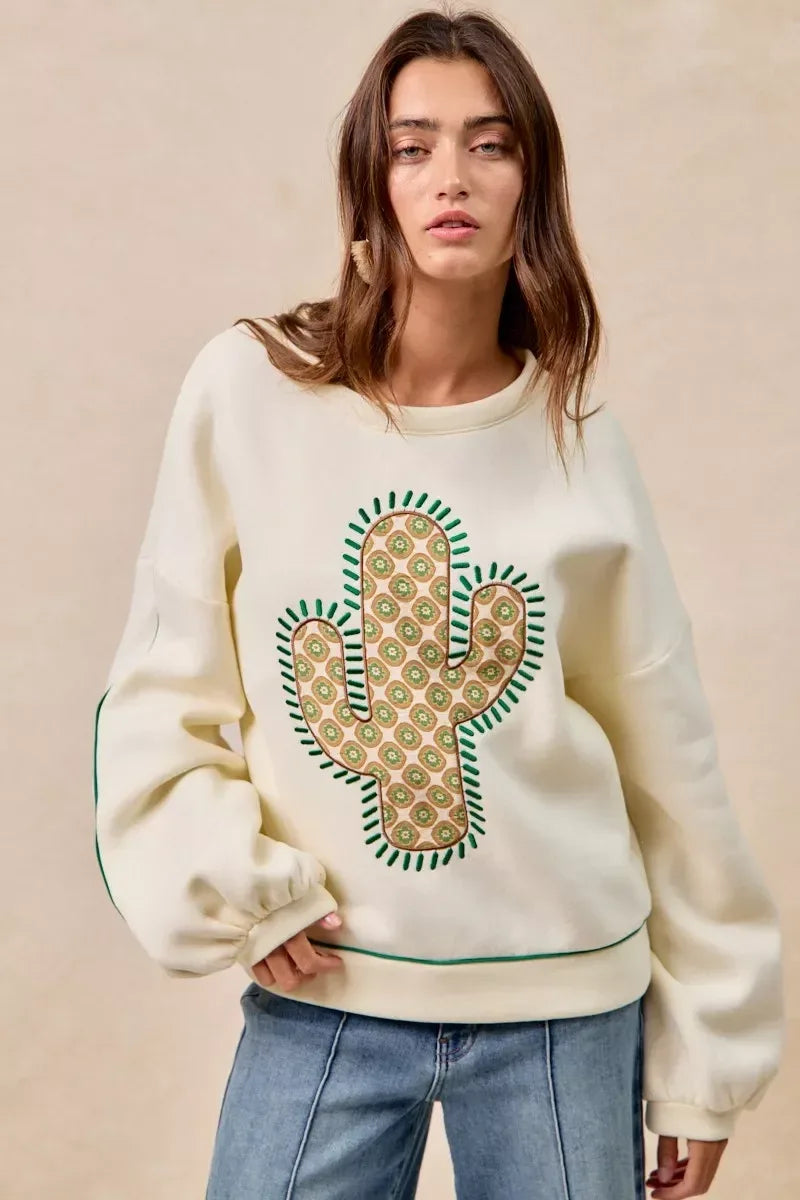 BiBi Cactus Embroidered Fleece Sweatshirt - DAVERRI FASHIONS