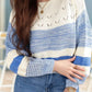 Cozy openwork striped knit long sleeve sweater in cream and blue