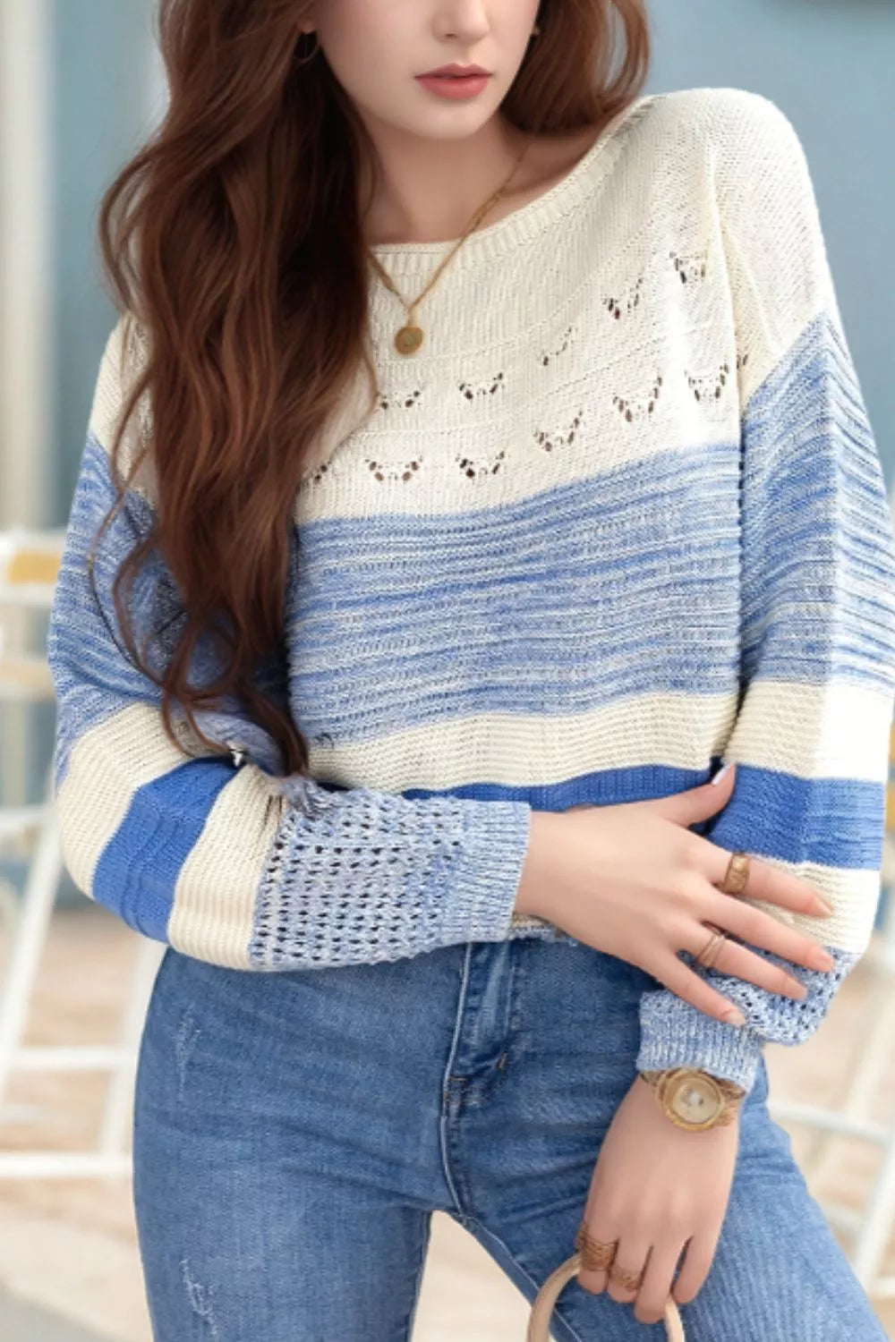 Cozy openwork striped knit long sleeve sweater in cream and blue