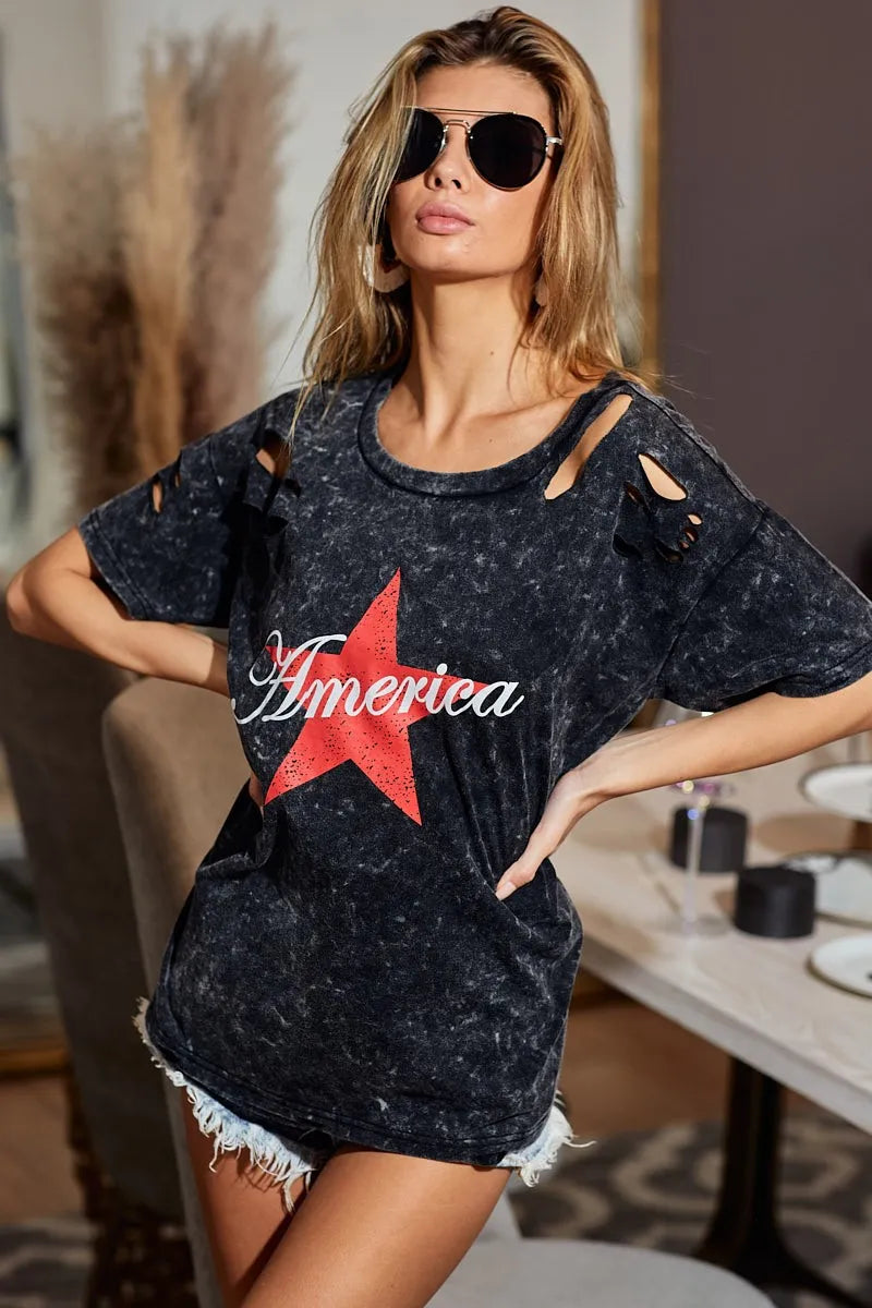 BiBi Laser Cut Mineral Washed Jersey Top with America Tops
