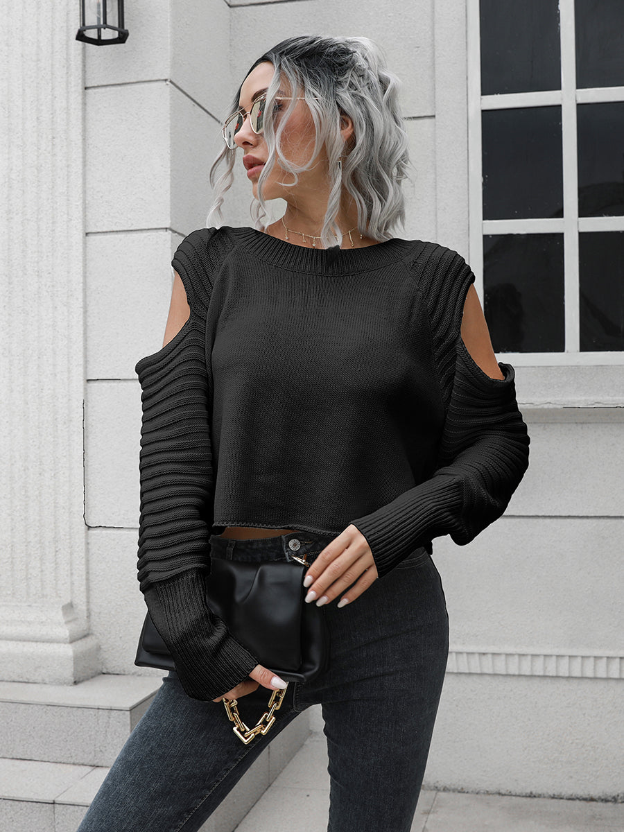 Black Cold-Shoulder Ribbed Trim Sweater | Sweaters Daverri Fashions