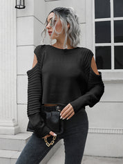 Black Cold-Shoulder Ribbed Trim Sweater | Sweaters Daverri Fashions