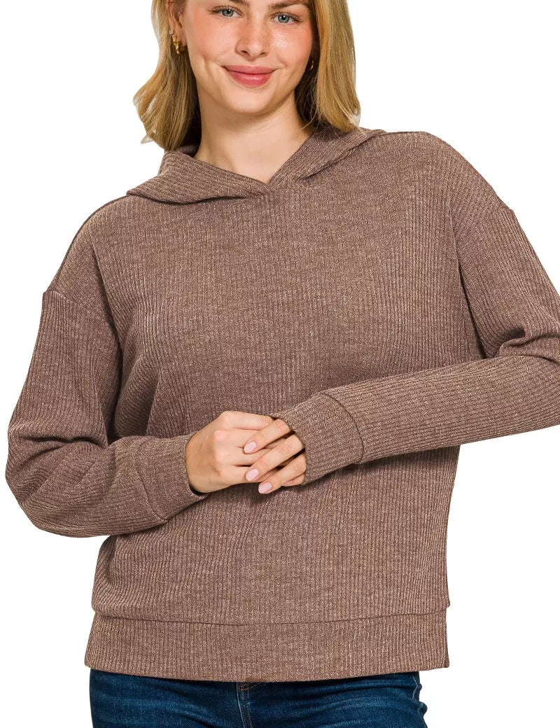 Ribbed Long Sleeve Hoodie Brown | Hoodies Daverri Fashions